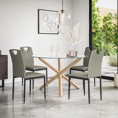 The Range Malvern Round Glass Dining Table Set w Solid Oak Legs w 4-6 Monza Linen Chair - Grey / 4