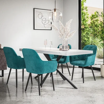 The Range Donni Dining Table And Chairs - Marble Effect Table Top w 4-6 Anika Velvet Chair - Blue / 4