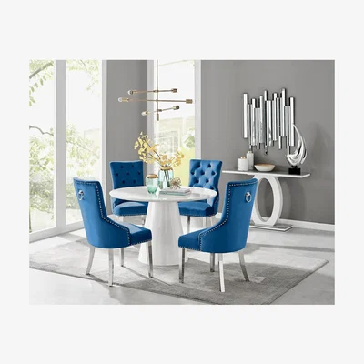 The Range Palma White High Gloss Round Dining Table And 4 Belgravia Chairs - Blue