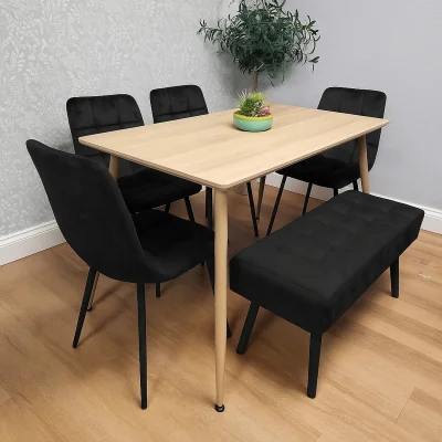 The Range Wooden rectangular Dining Table Set With 4 Velvet Chairs And 1 Bench