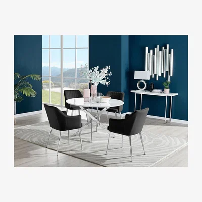 The Range Novara White High Gloss 120cm Dining Table  4 Calla Silver Leg Chairs - Black