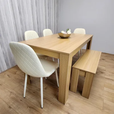 The Range 6 Seater Modern Light Wood Dining Table Set with 4 Cream Plastic Chairs and Bench - Brown