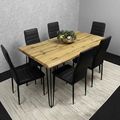The Range Modern Dining Table Set and 6 Black Chairs Kitchen Furniture - Brown