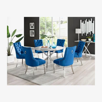 The Range Novara Grey Concrete Effect 120cm Round Dining Table And 6 Belgravia Chairs - Blue