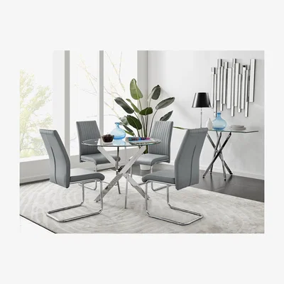 The Range Novara Chrome Metal Round Glass Dining Table - 4 Lorenzo Dining Chairs - Grey