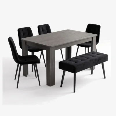 The Range Arrow Charcoal Dining Table Set with 4 Black Velvet Chairs and Black Velvet Bench 6 Seater - Black