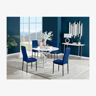 The Range Novara White High Gloss Round Dining Table and 4 Velvet Milan Black Leg Chairs - Navy / Dining Table & 4 Chairs