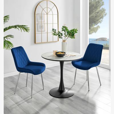 The Range Elina White Marble Effect Round Dining Table and 2 Pesaro Silver Chairs - Navy