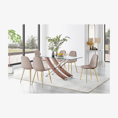 The Range Mayfair Glass and Brown Wood Effect Dining Table and 6 Corona Gold Leg Chairs - Cappuccino