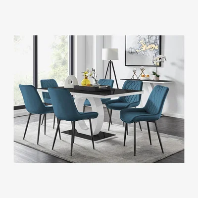 The Range Giovani 6 Black Dining Table  6 Pesaro Black Leg Chairs - Blue