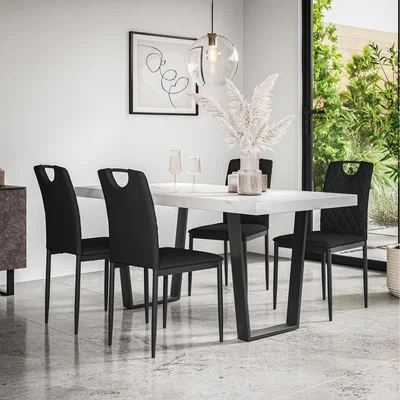 The Range Aria Dining Table And Chairs- Marble Effect Table w 4-6 Monza Faux Leather Chair - Black / 4