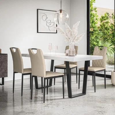 The Range Aria Dining Table And Chairs- Marble Effect Table w 4-6 Monza Faux Leather Chair - Beige / 4