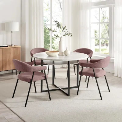 The Range Adley Round Grey Concrete Effect Dining Table 4 Delos Chairs - Dusty Pink