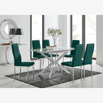 The Range LIRA 120 Extending Dining Table and 6 Velvet Milan Chairs - Green