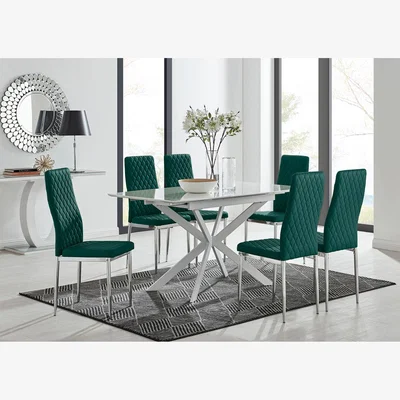 The Range LIRA 120 Extending Dining Table and 6 Velvet Milan Chairs - Green