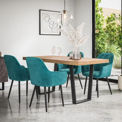 The Range Aria Dining Table And Chairs - Oak Effect Table w 4-6 Anika Velvet Chair - Blue / 4