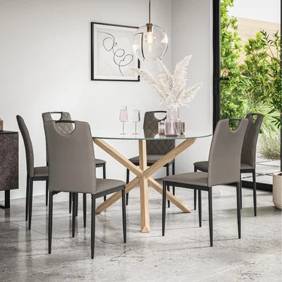 The Range Malvern Round Glass Dining Table Set w Oak Legs w 4-6 Monza Faux Leather Chair - Grey / 6