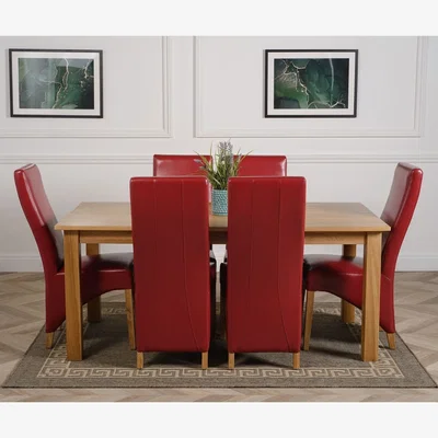 The Range Oslo 180 x 90 cm Large Oak Dining Table and 6 Lola Leather Chairs - Red
