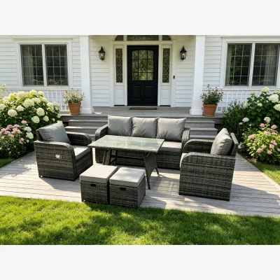 The Range PE Wicker Rattan Reclining Adjustable 7 Seater Sofa Dining Set - Dark Grey Mixed