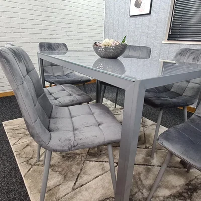 The Range Glass Dining Table and 4 Grey Velvet Chairs Dining Set - Grey