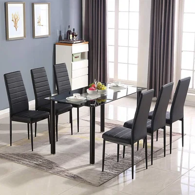 The Range Stunning Glass Black Dining Table and 6 Faux Leather Chairs