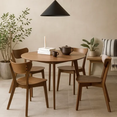 The Range Krakow 105cm Round Dining Set with 4 Chairs, Walnut Effect - Natural