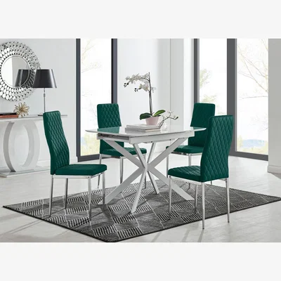 The Range LIRA 100 Extending Dining Table and 4 Velvet Milan Chairs - Green
