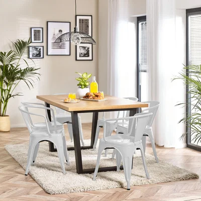 The Range Cotswold Oak Black Leg Dining Table And 4 Colton Metal Arm Dining Chairs - White