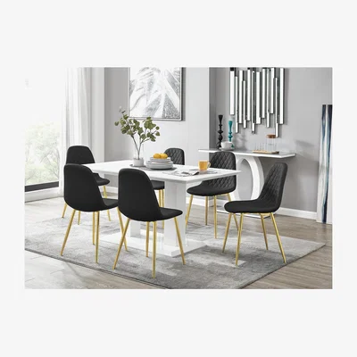 The Range Imperia White High Gloss Dining Table and 6 Corona Gold Leg Chairs Set - Black