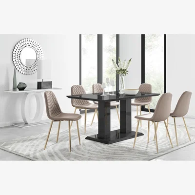 The Range Imperia 6 Black Dining Table and 6 Corona Gold Leg Chairs - Yellow