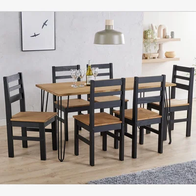 The Range Augusta large dining table with 6 linea chairs set - Antique waxed pine