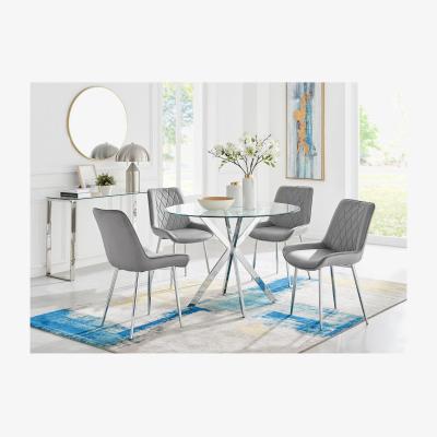 The Range Venice Round Glass Kitchen Dining Table and 4 Pesaro Silver Leg Chairs - Grey