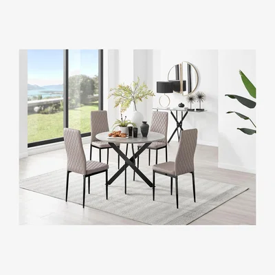 The Range Novara Grey Concrete Black Leg Dining Table  4 Milan Black Leg Chairs - Cappuccino