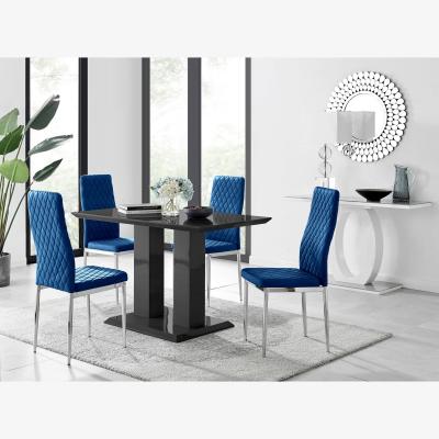 The Range Imperia 4 Black Dining Table and 4 Velvet Milan Chairs - Navy
