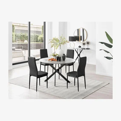 The Range Novara Grey Concrete Black Leg 120cm Dining Table  4 Milan Black Leg Chairs - Black