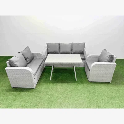 The Range Fimous PE Rattan High-Back Lounge & Dining Set with Recliner and 3-Seater Sofa, Light Grey - Light grey rattan + dark grey fabric