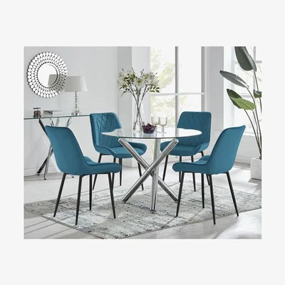 The Range Selina Round Dining Table  4 Pesaro Black Leg Chairs - Blue