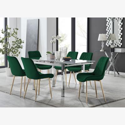 The Range Enna White Glass Extending Dining Table With Six Pesaro Gold Leg Chairs - Green