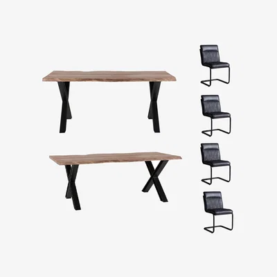 The Range Live Edge Large Acacia Wood Dining Table Set With 4 Chairs And 1 Bench - Light Wood