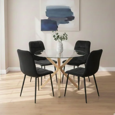 The Range Modern Round Glass Dining Table with 4 black velvet tufted Chairs - Neutral