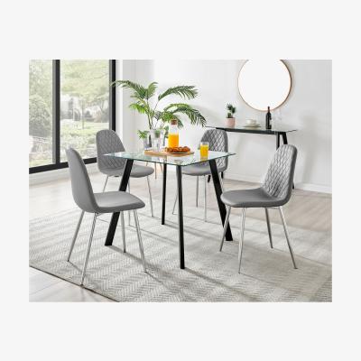 The Range Seattle Glass and Black Leg Square Dining Table and 4 Corona Silver Chairs - Grey