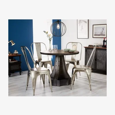 The Range Urban Industrial Round Dining Table with 4 Metal Silver Chairs Dining Set - Medium Wood