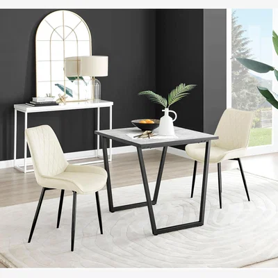 The Range Carson White Marble Effect Square Dining Table and 2 Pesaro Black Leg Chairs - Cream
