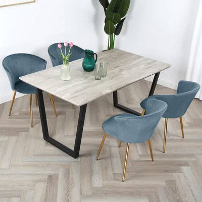 The Range Wood-effect Dining Table Set with 4 Mill Velvet Chairs - Teal Velvet and Gold Legs / Gold