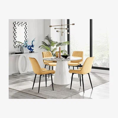 The Range Palma White Marble Effect Round Dining Table  Pesaro Black Leg Chairs - Mustard / Dining Table & 4 Chairs