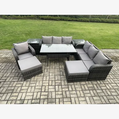 The Range Fimous 9-Seater Rattan Dining Set with 2 Side Tables & Footstools - Dark Grey