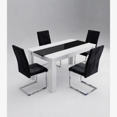 The Range White and Black Dining Table and 4 Black High Back Velvet Chairs with Chrome Legs 4 Seater Set - Black