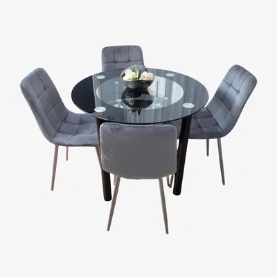 The Range Dining Table Round Glass and 4 Grey Velvet Chairs  - Grey