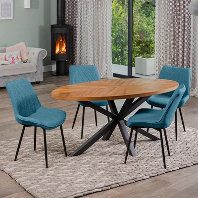 The Range Dossena Oval Dining Table Set with 4 Bovino Fabric Chairs - Teal