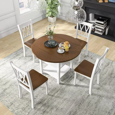 The Range 4 Seater Round Wooden Dining Table and Chairs - Brown and white